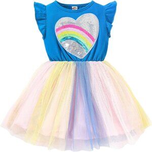 Kids Blue Heart Summer Short Sleeve Tulle Tutu Princess Casual Unicorn Dress